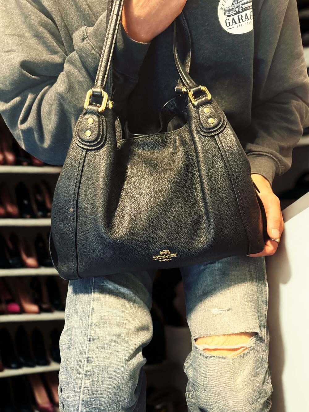 Coach | Black Pebbled Leather 3 Compartment Carryall Edie Shoulder Bag 32571